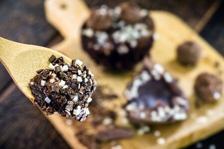 easter egg cut in half and creamy chocolate filling. Creative easter dessert conceptの写真素材