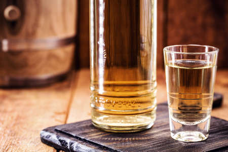 small dose glasses, high quality distilled alcohol. Brazilian cachaÃ§a (called pinga), drip, vodka, white rum, spirits, ozo, sake or cognac.の写真素材