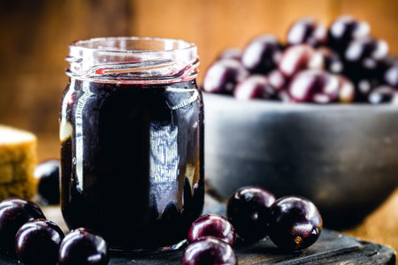 jabuticaba jelly, organic, homemade, with exotic Brazilian fruit. The jaboticaba (or jabuticaba) is a common fruit from south america.の写真素材