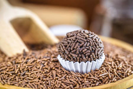 brazilian candy made with chocolate and granulated amor edor. Called brigadeiro or negrinho, with punctual focusの写真素材