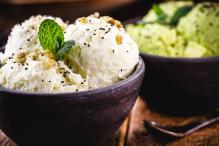 gourmet Brazilian banana ice cream, with organic, natural fruit decorated with mint.の写真素材