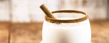 Warm, traditional Christmas eggnog with grated nutmeg and cinnamon.の写真素材