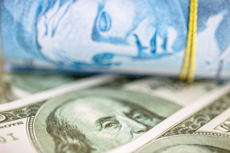 100 reais and one hundred dollar bills. Money from Brazil and the United States, concept of negotiation between Brazil and the USA.の写真素材