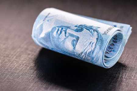 detail of a hundred reais bill from brazil, concept of economy of brazil, profit or grand prizeの写真素材