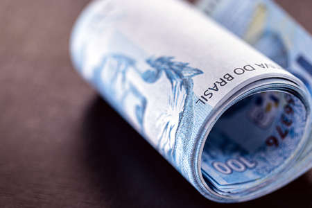 detail of a hundred reais bill from brazil, concept of economy of brazil, profit or grand prizeの写真素材