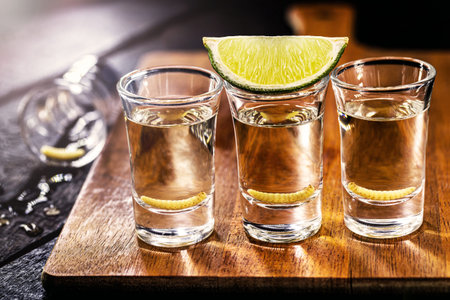 several glass of mezcal (or mezcal), typical and exotic brandy from mexico, with larva in the...