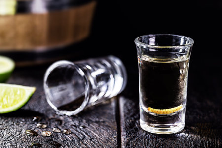 several glasses with mezcal (or mescal) is commonly known as tequila with larvae or worm, an exotic...