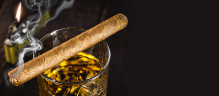 cigar over whiskey glass, spot focus. Smoking concept, time to relaxの写真素材