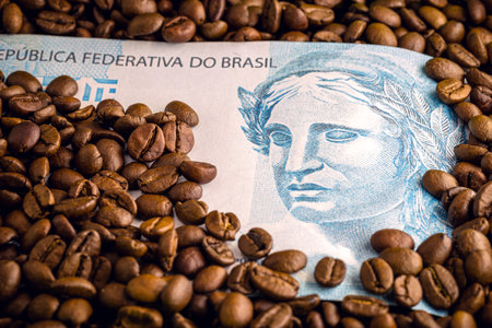 coffee from brazil, with brazilian money in the background. Concept of high quality coffee for export.の写真素材
