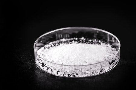 petri dish, with cyanide crystals. Potassium cyanide or potassium cyanide is a highly toxic chemical compound.の写真素材