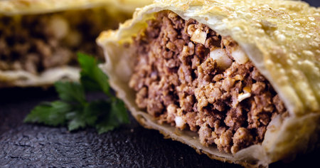fried meat pastry cut in half, stuffed with minced meat and potatoes and hot sauce. Typical food in the city of SÃ£o Pauloの写真素材