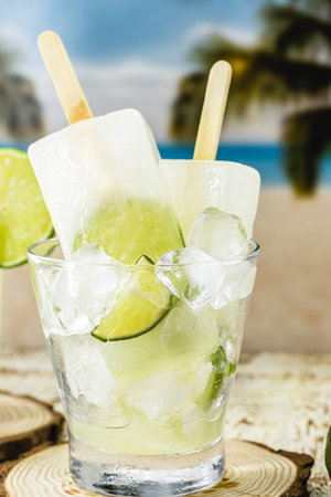 Brazilian lemon drink with distilled alcohol. Ice cream with drink called caipirinha, typical of the...