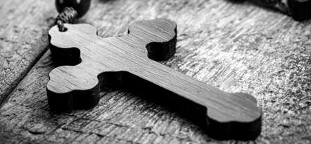 wooden rosary in black and white photo, concept of christian faith and spiritualityの写真素材