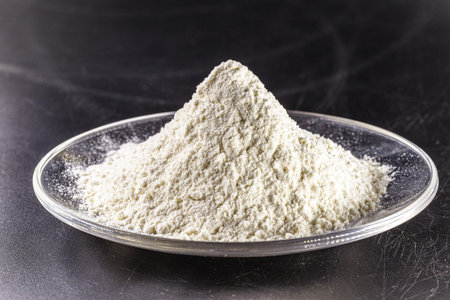 Pile of calcium sulfate on white background, known as micronized alabaster or micronized plaster