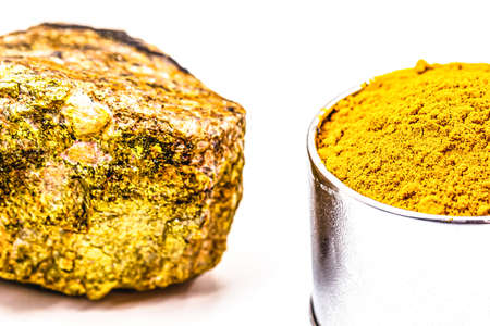 Uranium, radioactive ore on isolated white background, mineral resource used in atomic weaponsの写真素材