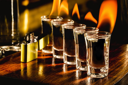glasses with tequila shots on fire, flaming drink, bar settingの写真素材