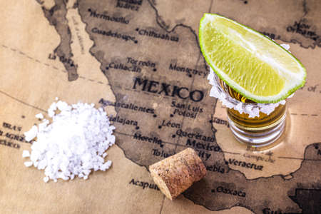 glasses of golden tequila, served with salt and lemon, over vintage map of brazilの写真素材