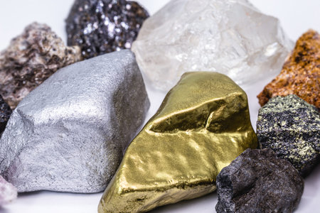 gold, silver, rough diamonds, bauxite, pyrolusite, galena, pyrite, chromite, lepidolite,...