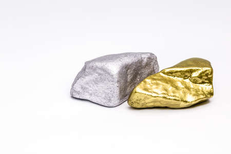 gold stone and silver ore isolated on white background, rare stonesの写真素材