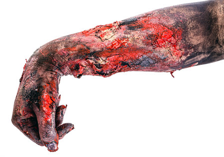 Realistic zombie hand down, dead hand, defeated, copyspace, halloween hand.の写真素材