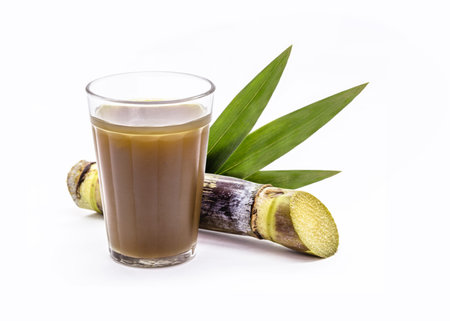 Sugar cane juice or garapa, drink rich in sucrose, cold drink typical of Brazil, isolated white background with copyspaceの写真素材