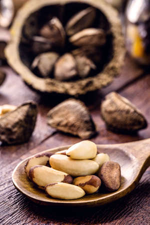 wooden spoon with many unshelled Amazon nuts, also called acre nut, Bolivian walnut, tori or tururiの写真素材