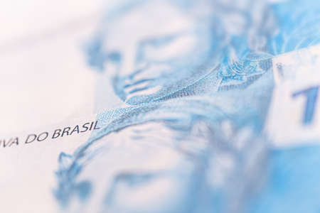 details of real banknote, brazil money, spot focus, brazilian economy concept or paper moneyの写真素材