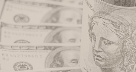 american money surrounding a hundred reais banknote from brazil, concept of low real in the world...