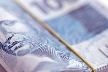 close-up of Effigy of the Republic, detail of Brazilian banknote, spot focus, money detailの写真素材