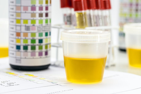 urine bottle, urinalysis to analyze Leukocytes, Urobilinogen, Bilirubin, Blood, Nitrite, pH, Density, Protein, Glucose and ketone bodies (ketosis)の写真素材