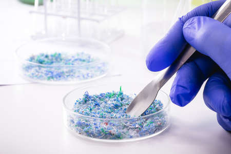 hand of traces of plastic and microplastic in petri dish, analyzed in laboratory, study of environmental problemの写真素材