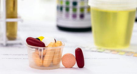 pills and oral medication for diabetes control, spot focus, medical exam result, urine vial in...