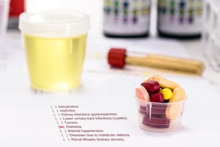 medical exam accusing diabetes, with urine bottle in the background and blood sugar control pillsの写真素材