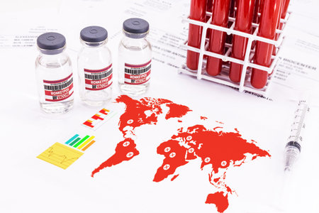 world map with Monkeypox virus advancement, copy space, lab test with contaminated blood and...