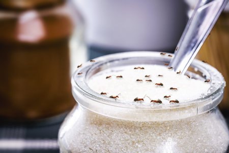 red ants eating sugar inside an open jar, poor hygiene, ants indoors, dirt and poor hygiene