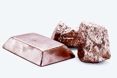 copper ore ingot and copper nuggets, real photo, isolated white background, metallurgy industry, conductive metalの写真素材