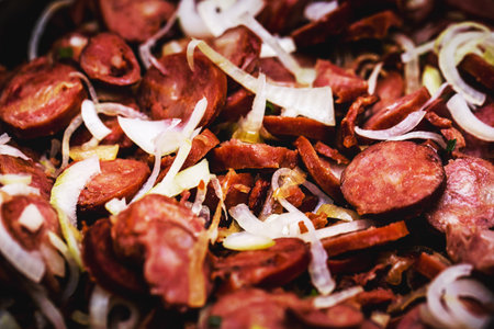 Brazilian fried sausage, with onion and sauce, typical food from Brazil in the state of Minas Geraisの写真素材