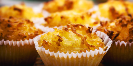 Queijadinha or queijada, sweet baked dessert from a traditional bakery and pastry shop from Brazil...