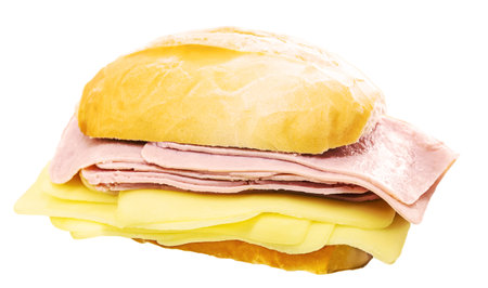 Brazilian breakfast, french salt bread with mozzarella cheese and ham, tradition on brazil, white background, isolatedの写真素材