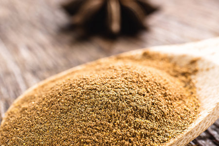 spoon of powdered cinnamon, spice obtained from the inner bark of several species of trees of the genus Cinnamomum, used in both sweet and savory foods , macro photographyの写真素材