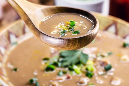 ladle of cream or bean soup with ingredients in the background, pepperoni, bacon and vegetables, typical soup of brazilian winter, brazilian foodの写真素材
