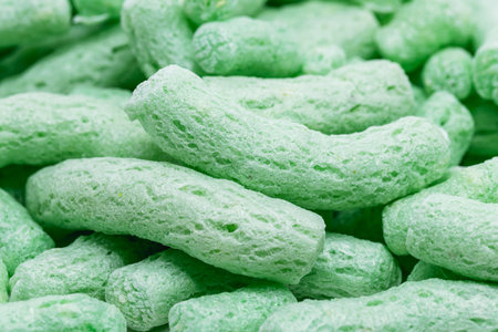 polyestro styrofoam flakes, biodegradable peanuts for packaging . isolated white backgroundの写真素材