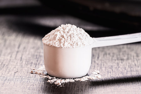 Sports supplement, creatine, hmb, bcaa, amino acid or powdered vitamin. Sports nutrition concept. bcaa, l-carnitine, creatineの写真素材