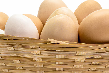 Brazilian free-range chicken eggs in rustic wooden bowl, organic eggs, typical from Minas Geraisの写真素材