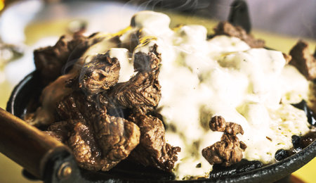 meat served with melted cheese on the plate. Hot food to be served in winter.の写真素材