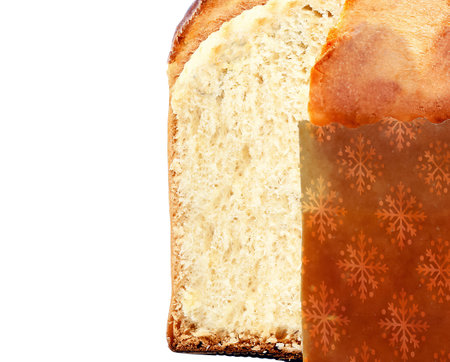 panettone, typical Brazilian sweet bread served as a dessert for Christmas and New Year celebrations. Panettone mockup for advertising use, isolated white background.の写真素材