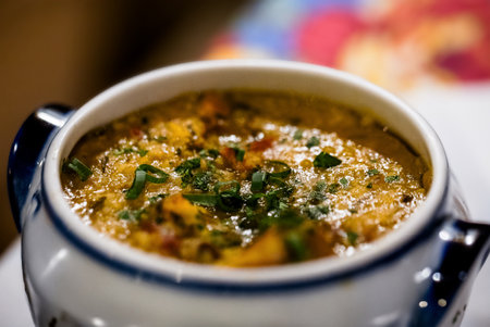 hot cassava broth, traditional homemade soup from Minas Gerais, Brazil, served hot with parsley and other vegetablesの写真素材