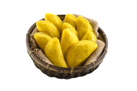 fried corn fingers, fried corn flour pastry, isolated white background, copy space