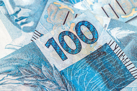 100 Brazilian real banknotes, Brazilian money, one hundred reais in banknotes, prize or payment conceptの写真素材