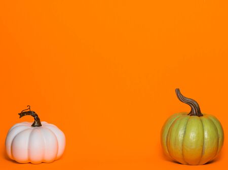 White and green decorative thanksgiving pumpkins front view on an orange background with room for textの写真素材